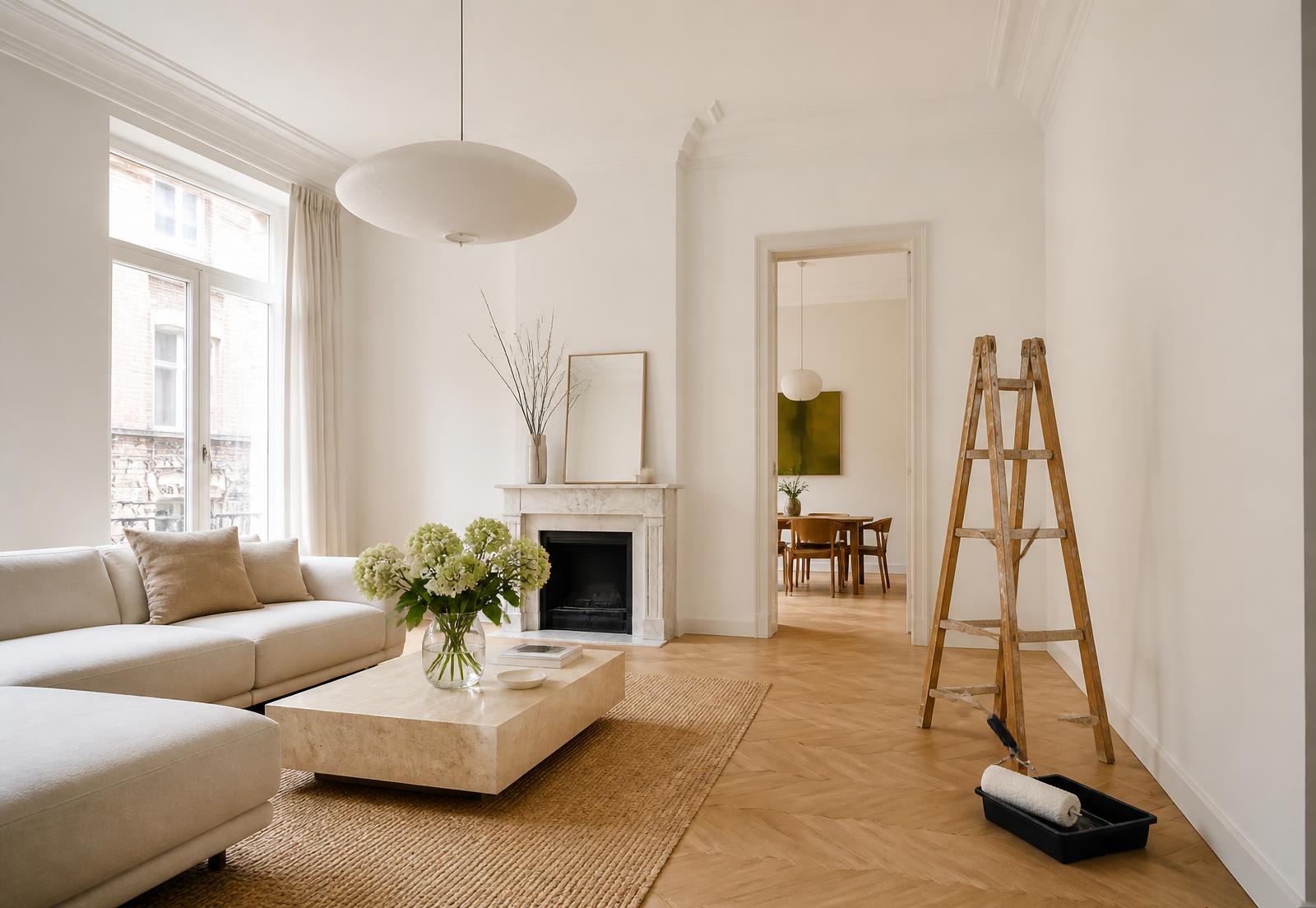 Strak afgewerkt en pas geschilderd interieur van een Belgische woning