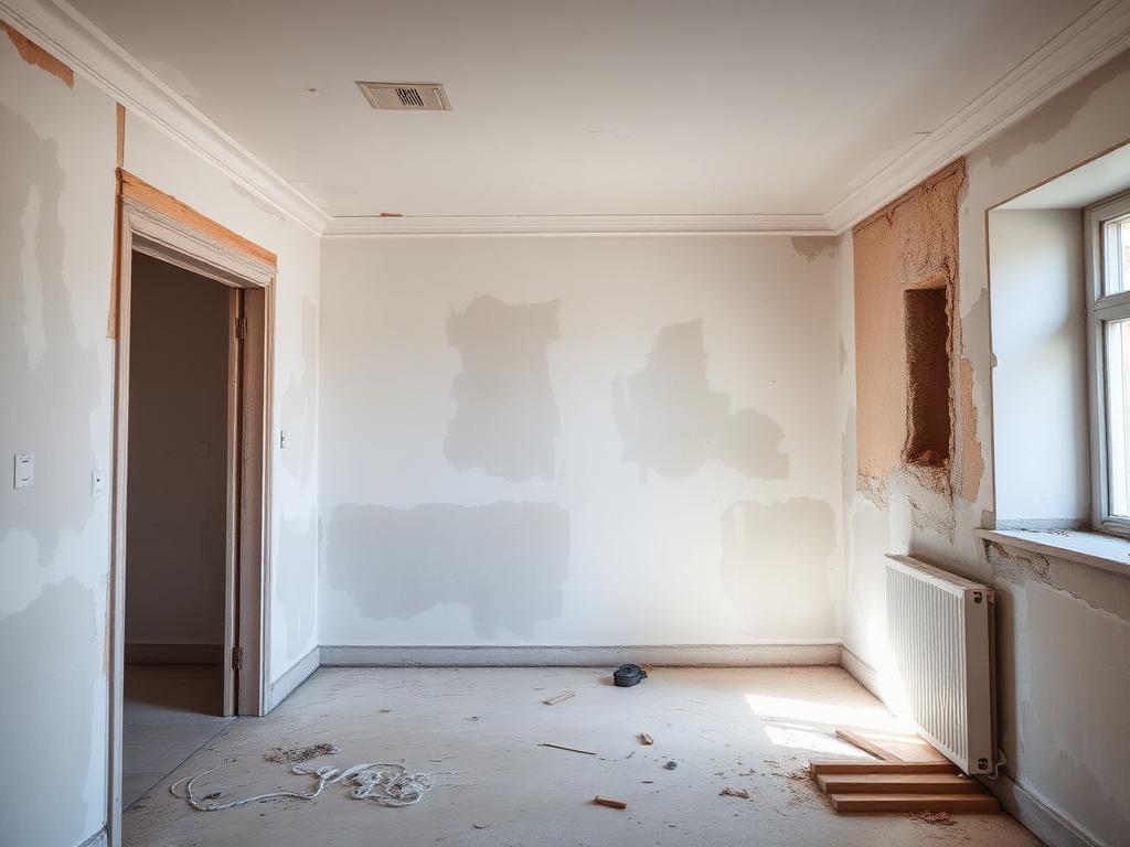 Renovatiewerken in een woning met herstelde muren en plafonds